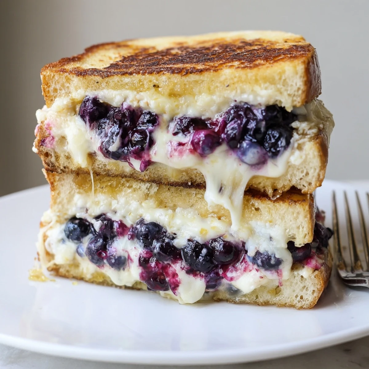 Skillet-toasted Juicy Blueberry Grilled Cheese, lemon-zest brightness and basil garnish