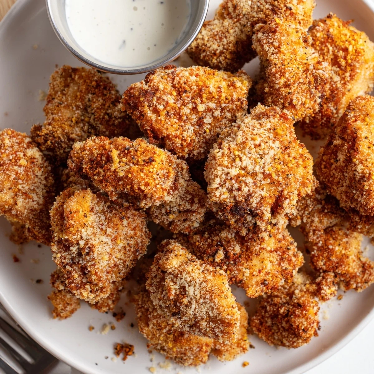 Golden, crispy Chicken Bites piled on a plate, steam rising, ranch nearby.