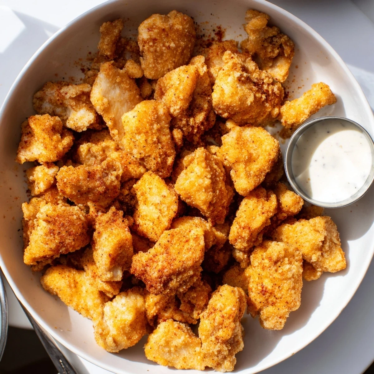 Juicy Chicken Bites with crunchy coating, served with honey mustard and parsley.