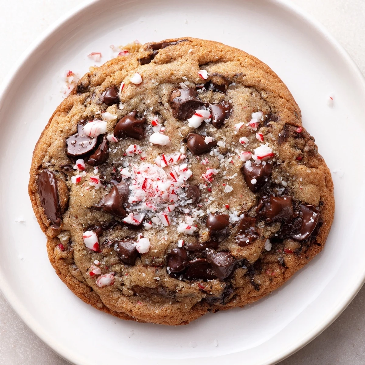 Peppermint Chocolate Chip Cookies cooling on a rack, glossy chips and crushed candy