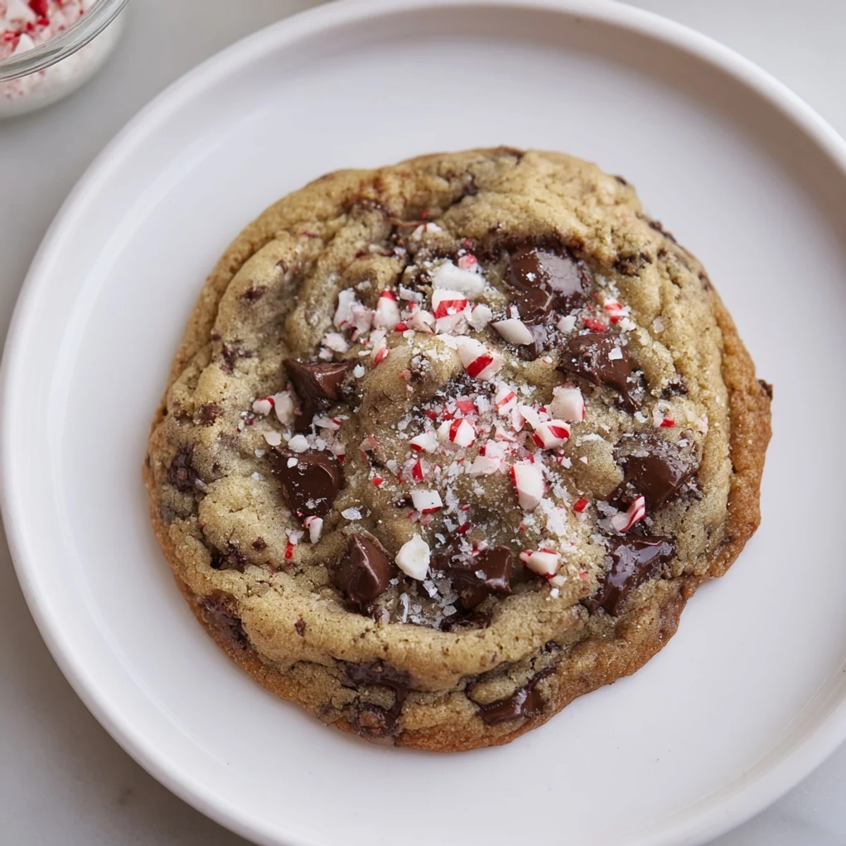 Warm Peppermint Chocolate Chip Cookies on a plate, speckled with peppermint bits