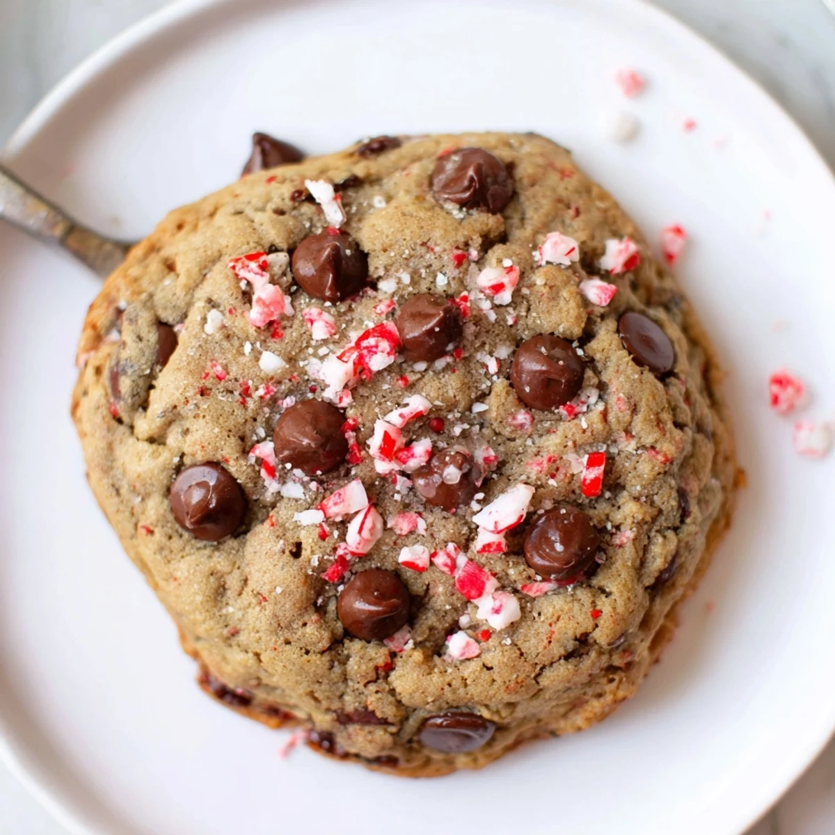 Stack of Peppermint Chocolate Chip Cookies beside milk glass, chewy centers visible