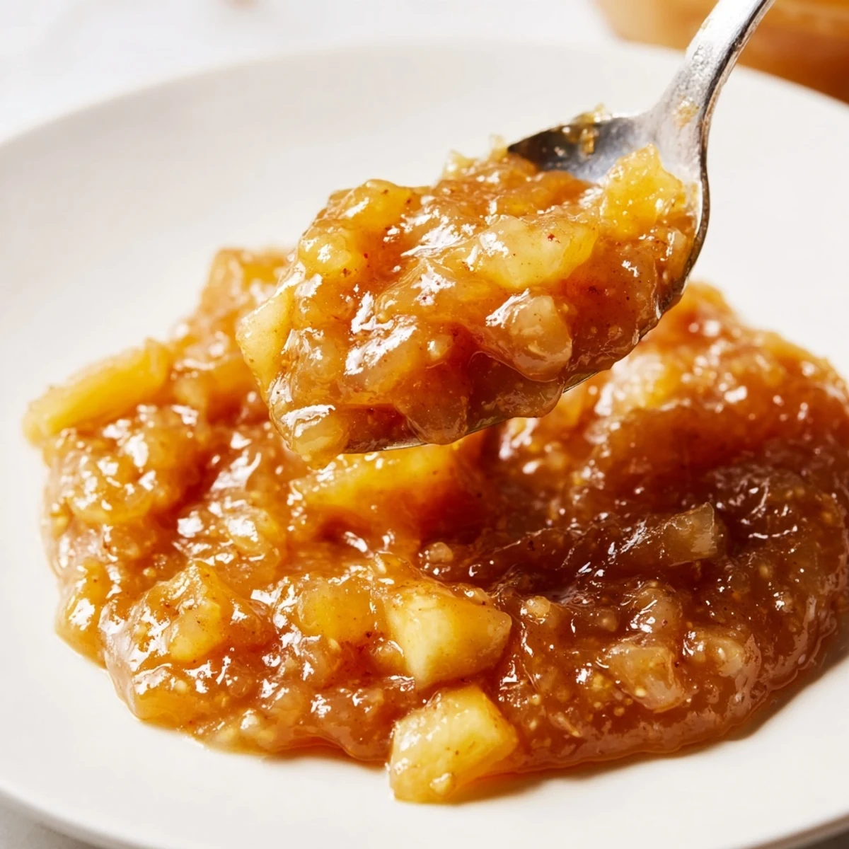 Warm Fall Caramel Apple Jam cooling on counter, amber color and texture