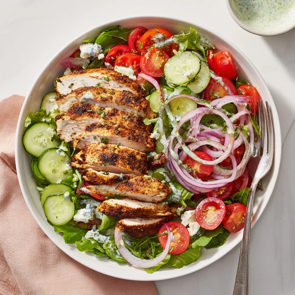 Bright citrus-lime zip in Grilled Chicken Salad Avocado Herb Dressing Recipe, served chilled  