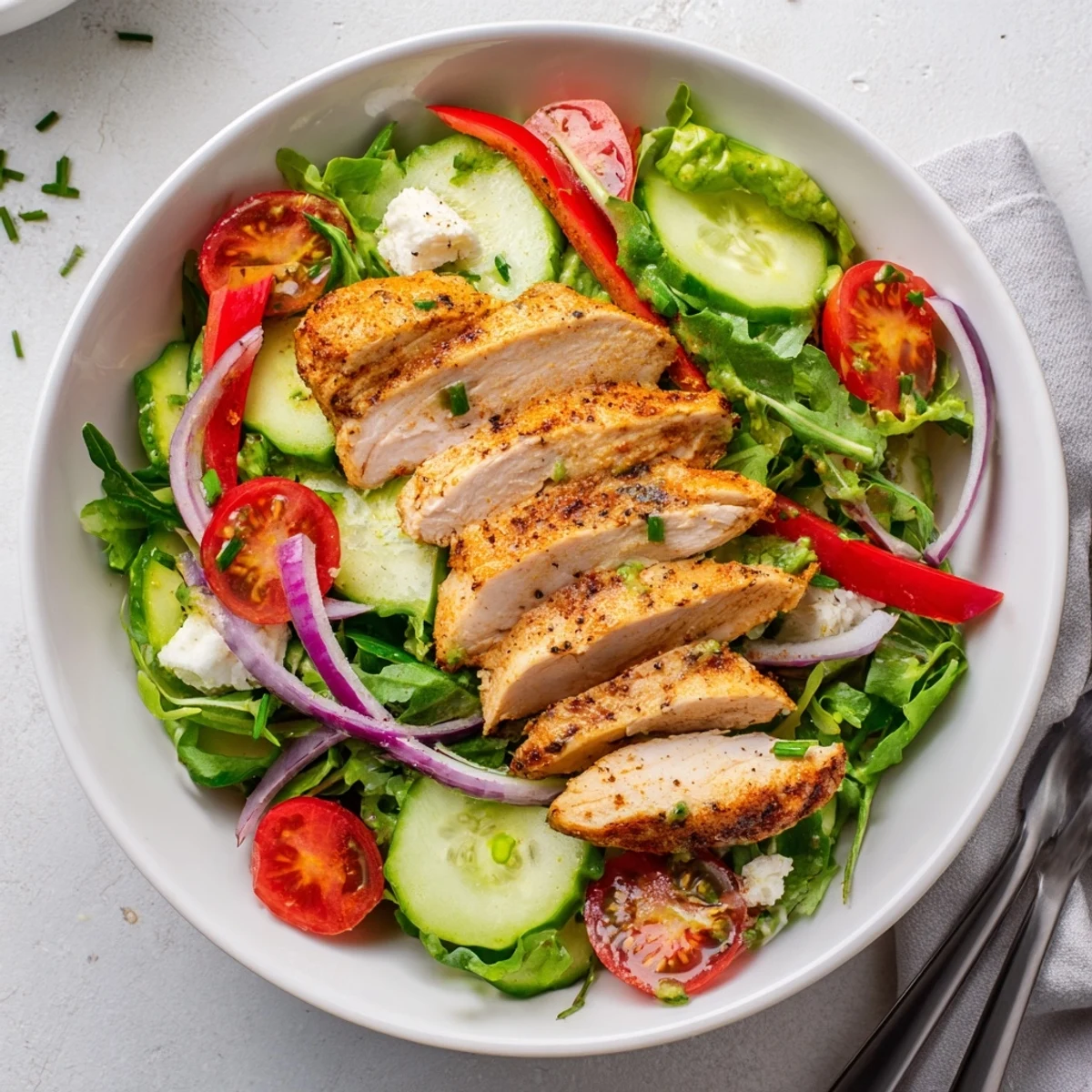 Sliced smoky breast atop mixed greens in Grilled Chicken Salad Avocado Herb Dressing Recipe