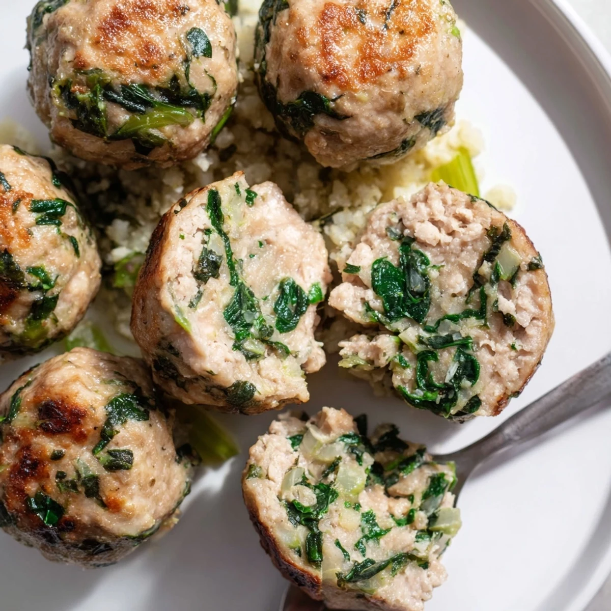 Low Carb Spinach Chicken Meatballs glistening golden-brown, served over cauliflower rice.