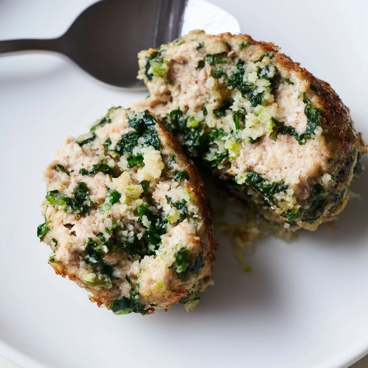 Tender Low Carb Spinach Chicken Meatballs nestled in low-carb marinara, sprinkled parsley.