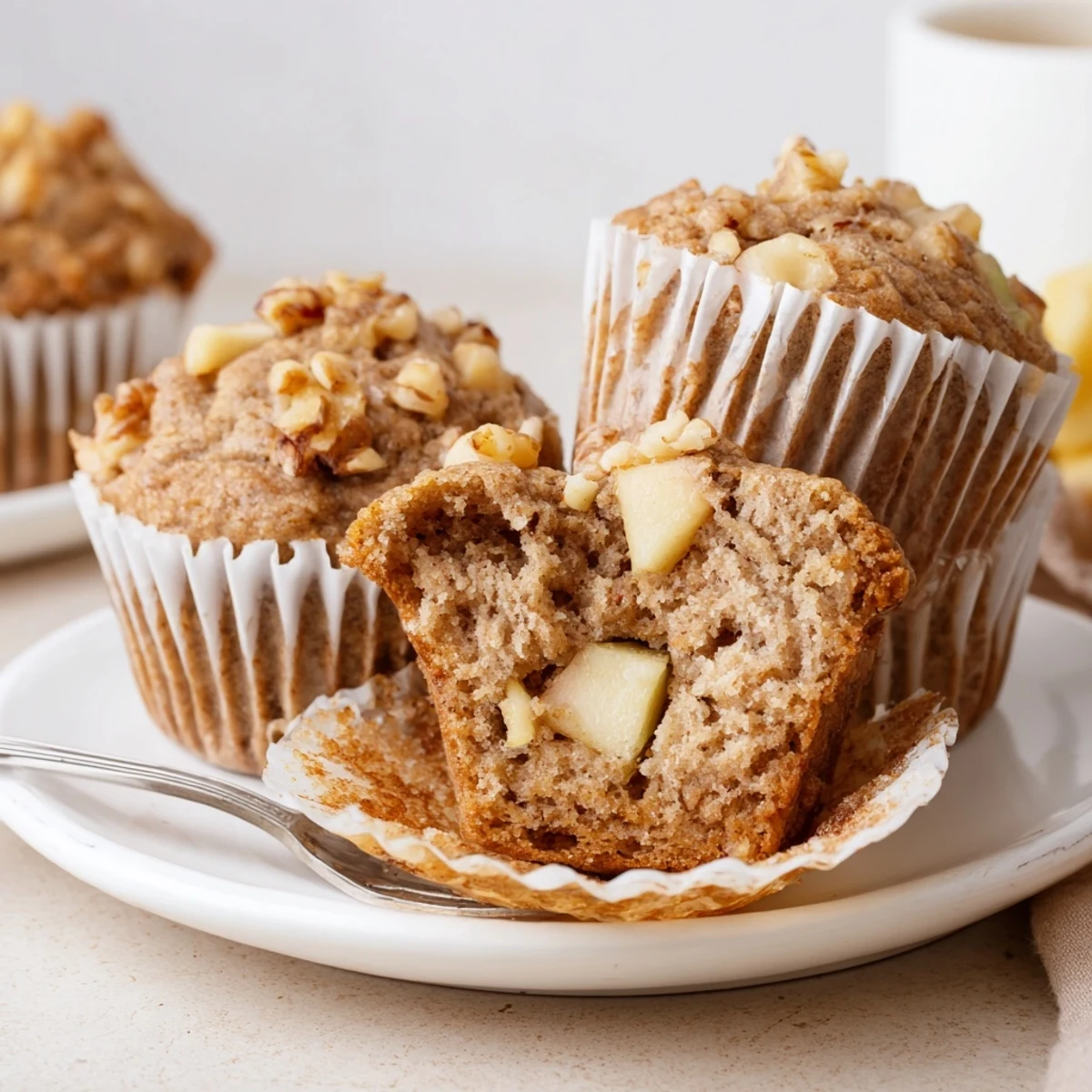 Healthy Apple Cinnamon Greek Yogurt Muffins steaming on wire rack, apple chunks visible