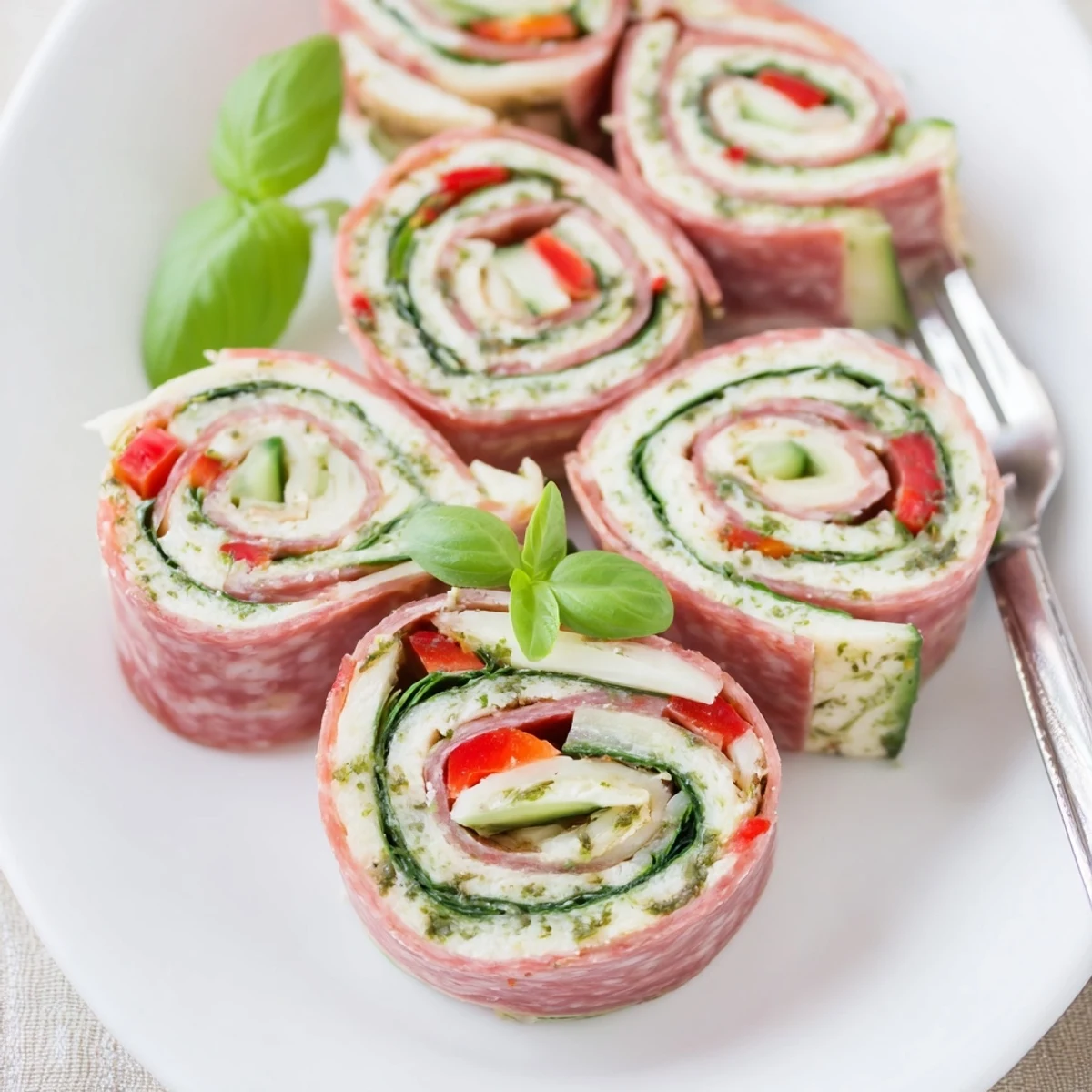 Italian Pinwheel Sandwiches arranged on platter, creamy pesto, crisp cucumber accents