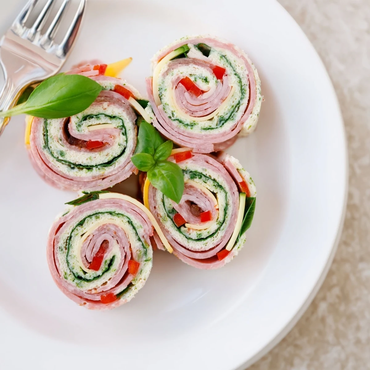 Close-up of Italian Pinwheel Sandwiches as party appetizer, creamy filling, fresh basil