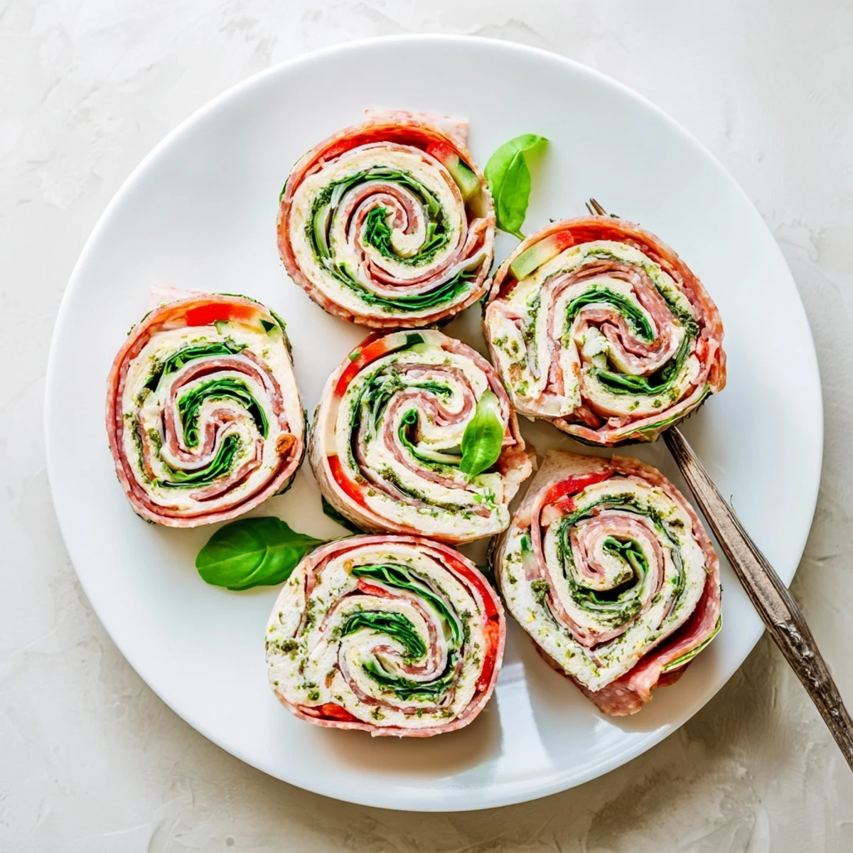 Stack of Italian Pinwheel Sandwiches served chilled, savory salami, bright bell pepper ribbons