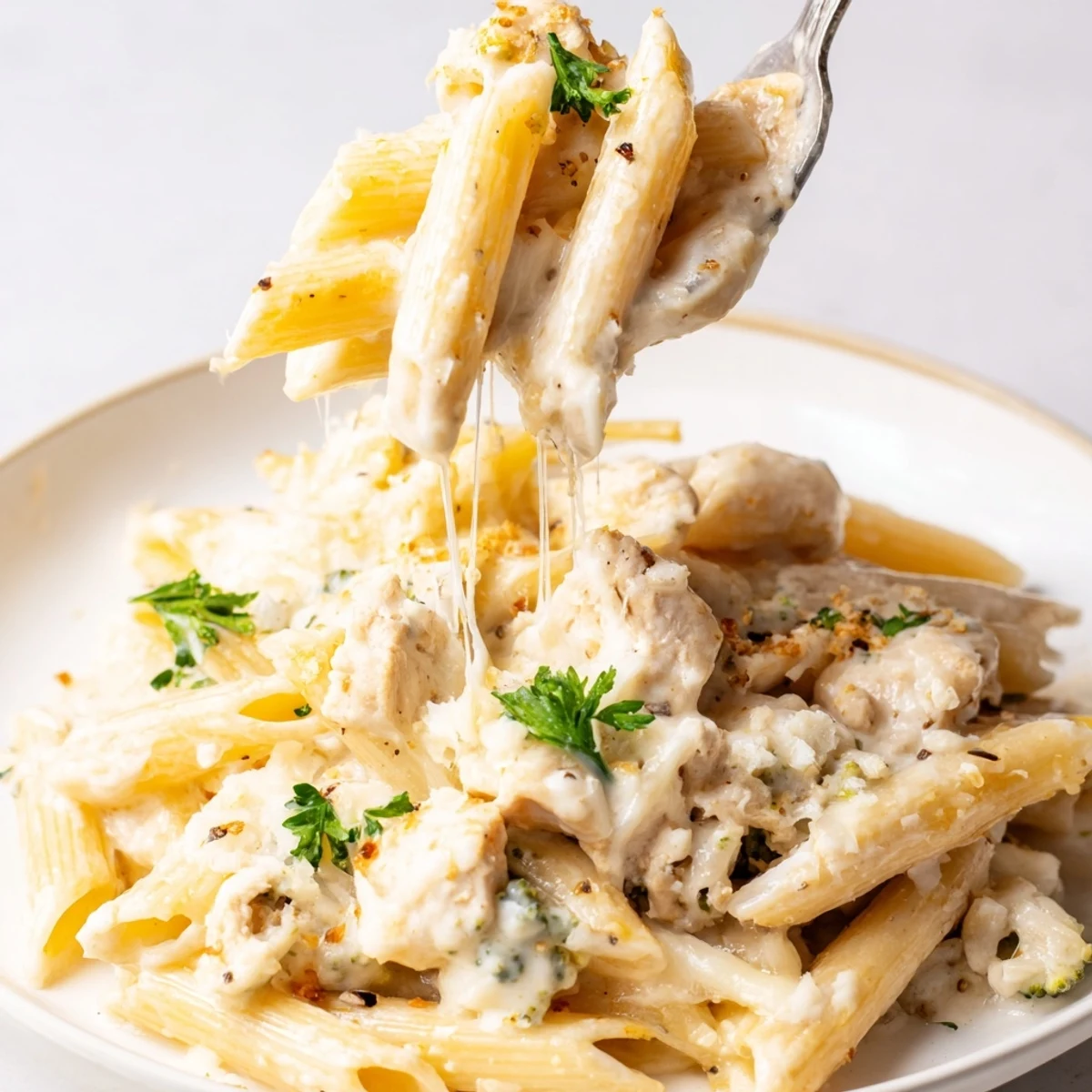 Oven-browned Chicken Broccoli Alfredo Bake served with garlic bread and parsley.