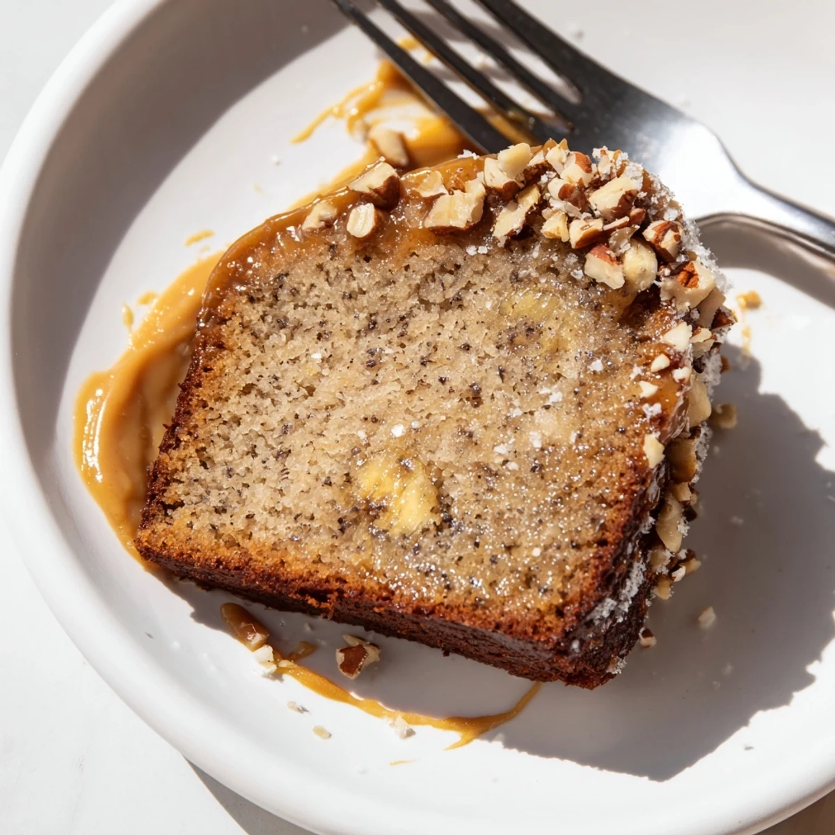 Salted Caramel Brown Butter Banana Cake with glossy caramel drizzle and flaky sea salt