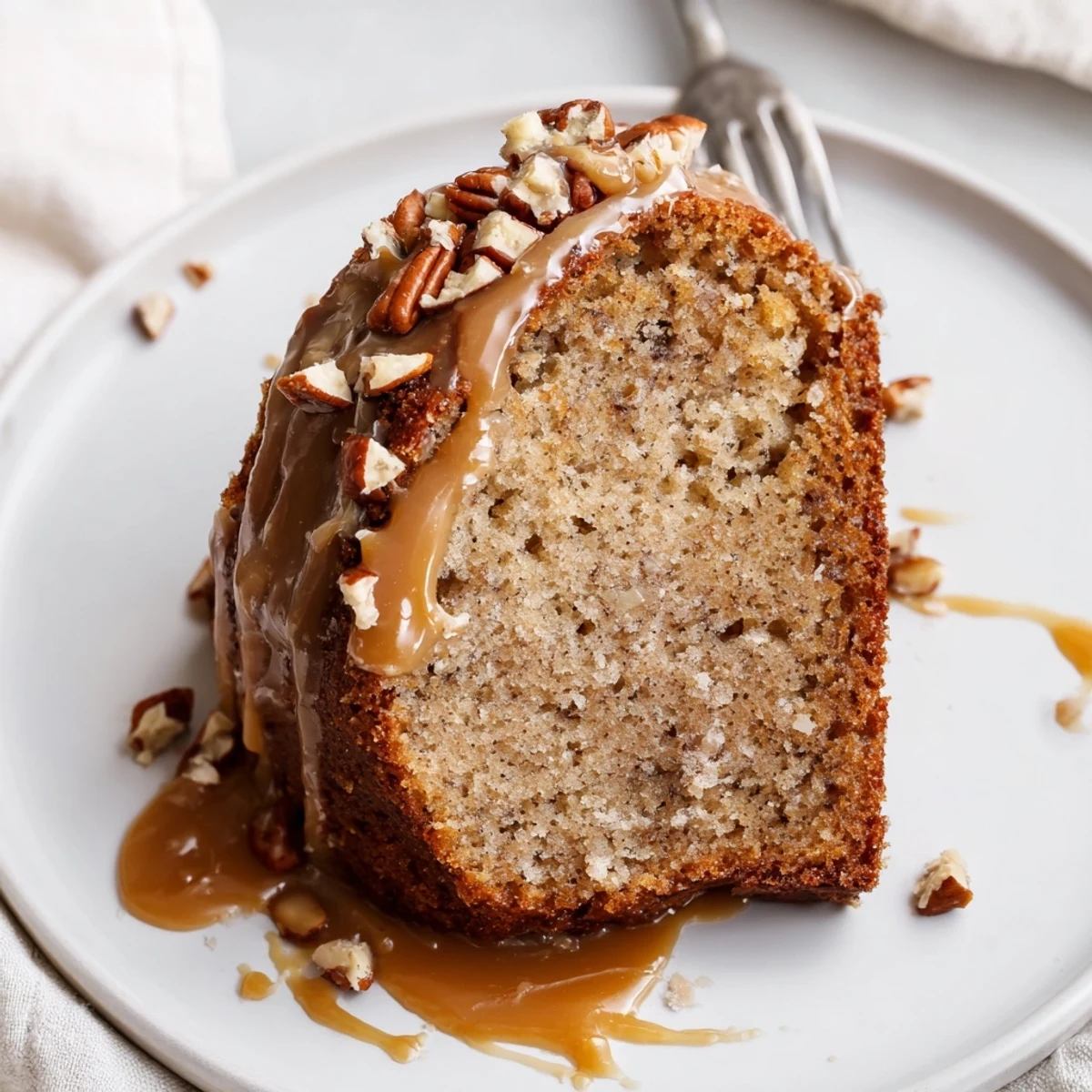 Moist Salted Caramel Brown Butter Banana Cake sliced, warm, topped with toasted pecans