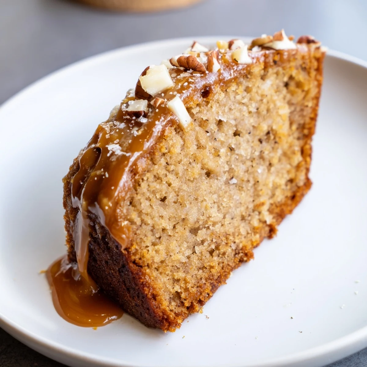 Slice of Salted Caramel Brown Butter Banana Cake beside coffee, nutty brown butter aroma