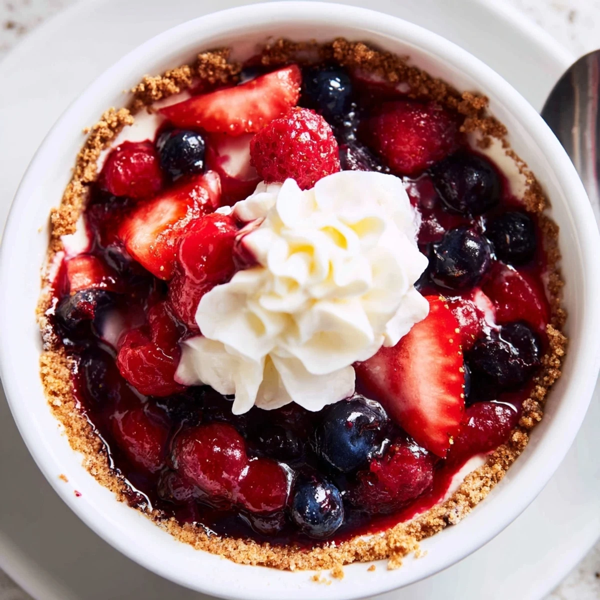 Quick no oven Berry No Bake Cheesecakes topped with vibrant mixed berries, spoon ready