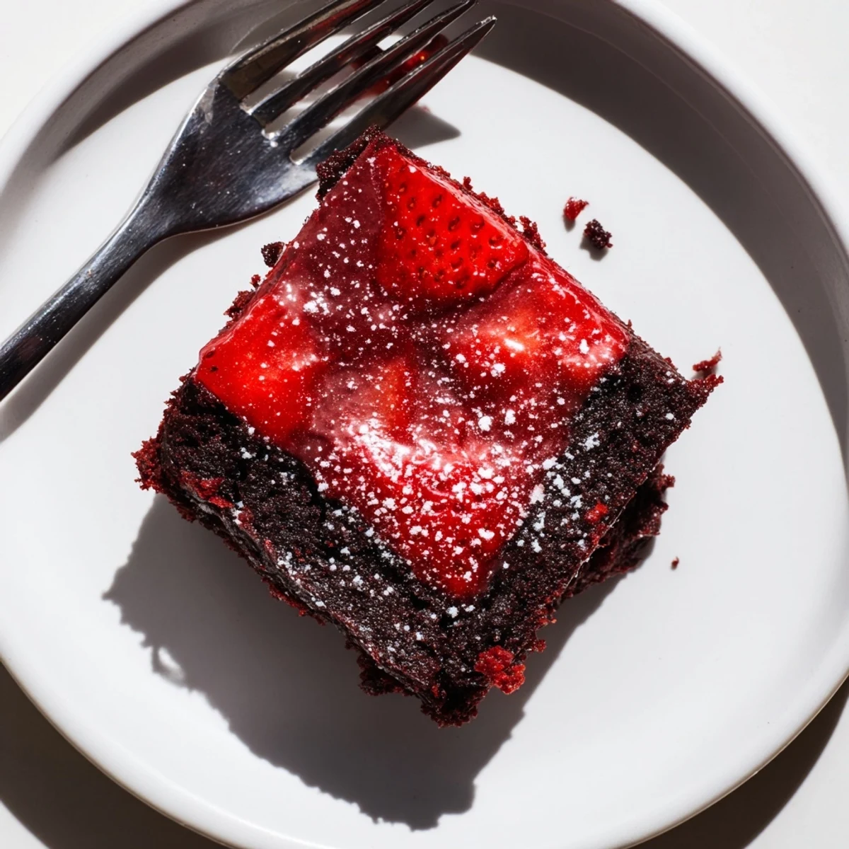 Homestyle Strawberry Brownies Recipe showing moist, slightly chocolatey center and powdered glaze.