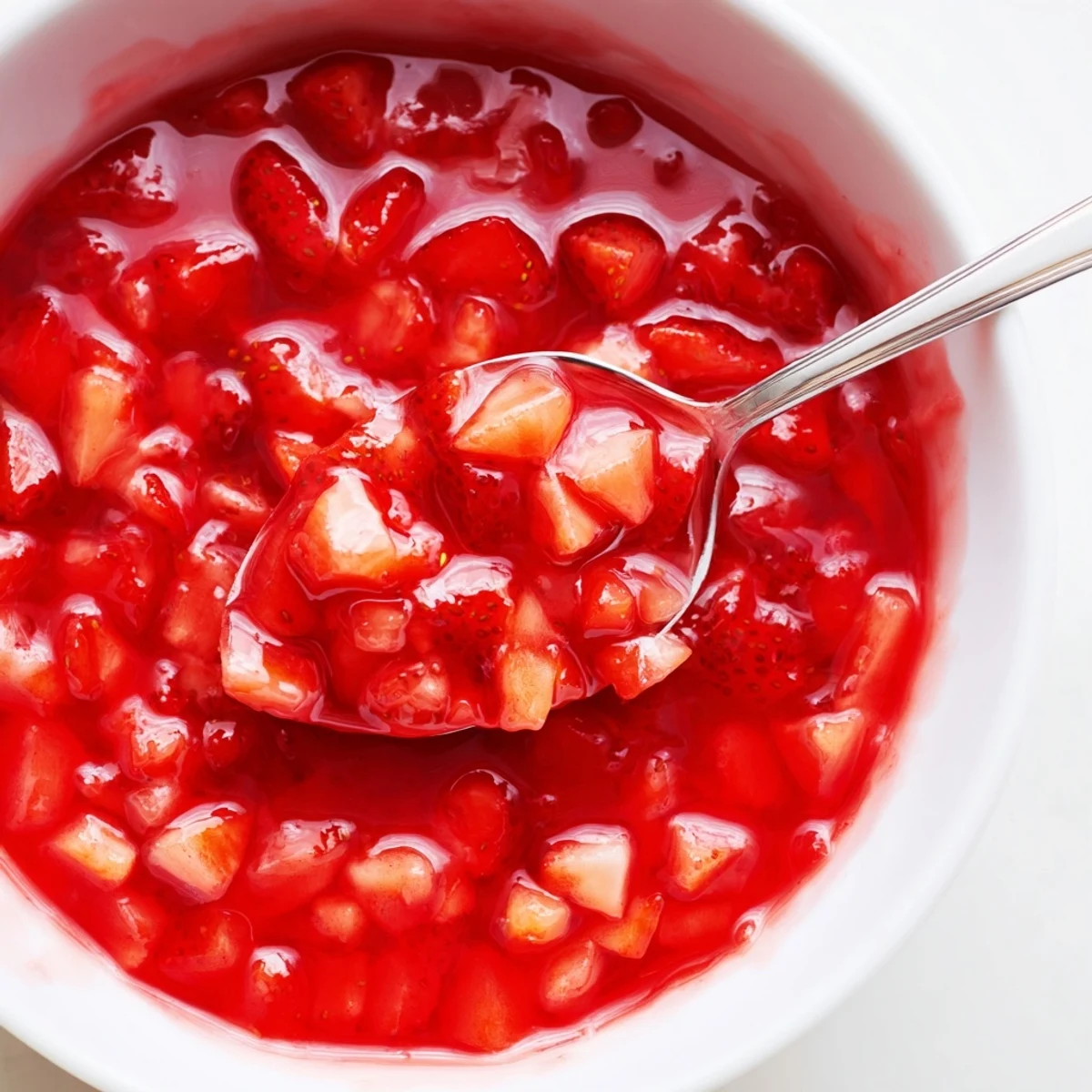 Glossy Strawberry Cake Filling Recipe in a saucepan, steaming, spoon ready.