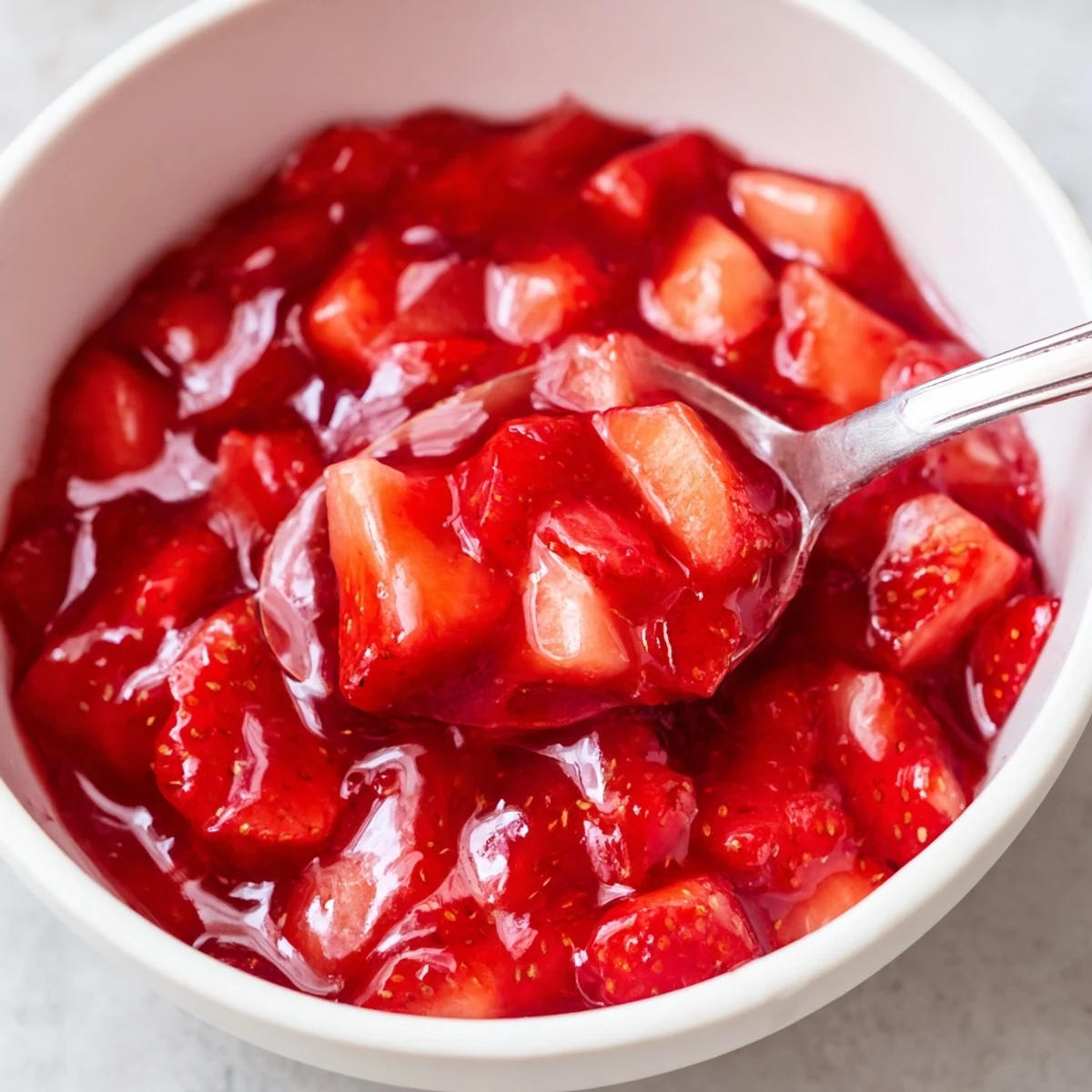 Chilled Strawberry Cake Filling Recipe spooned between moist cake layers, bright strawberry aroma.