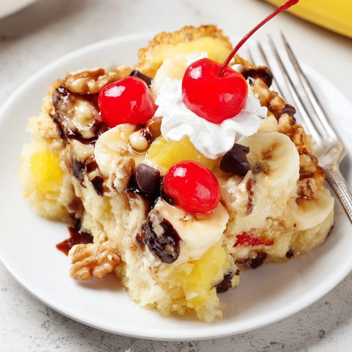 Warm Banana Split Dump Cake bubbling with chocolate chips and sliced bananas