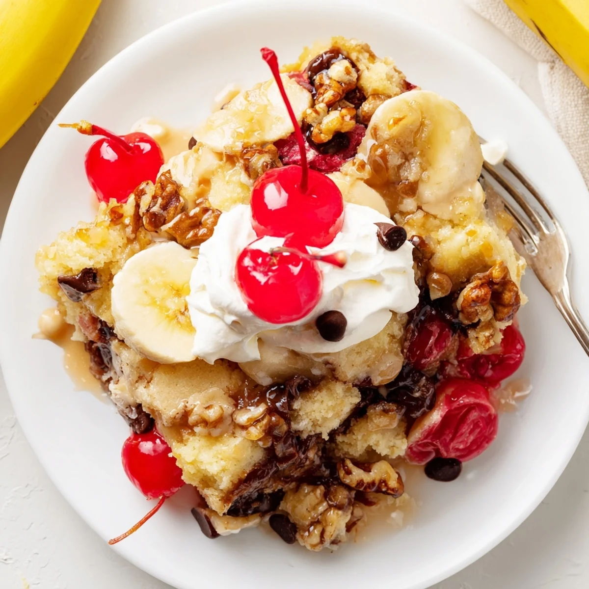Baked Banana Split Dump Cake, golden top, served with vanilla ice cream