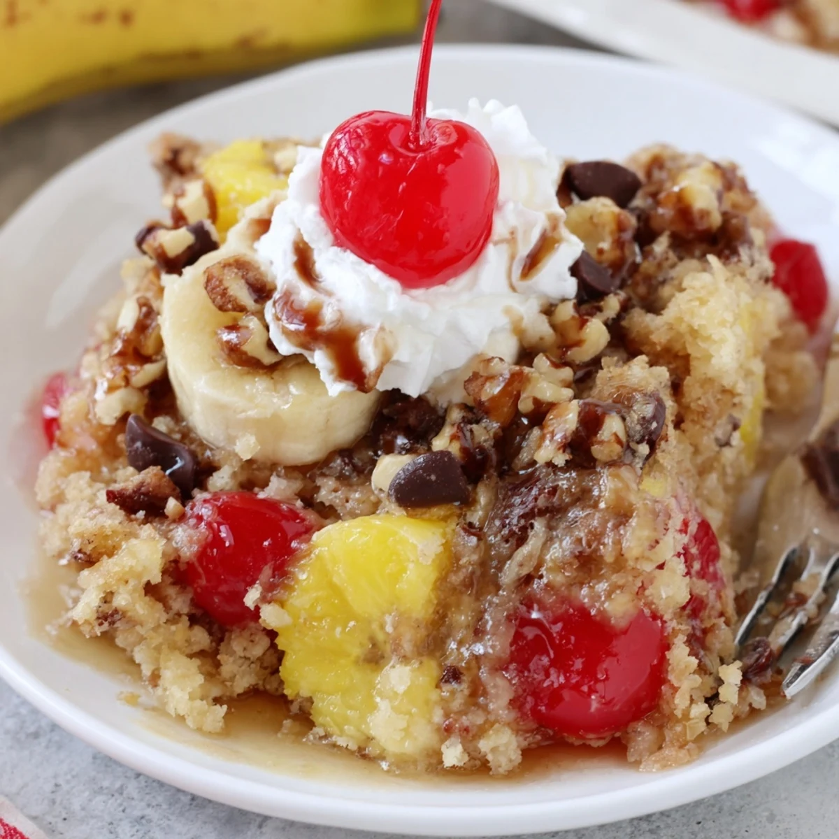 Sticky-sweet Banana Split Dump Cake releasing pineapple aroma, topped with cherries