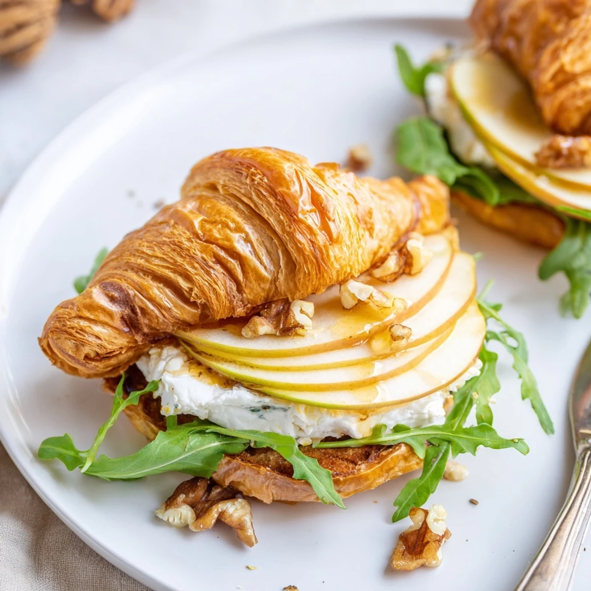 Toasted Apple Goat Cheese Croissant Sandwich drizzled with honey, arugula for peppery bite