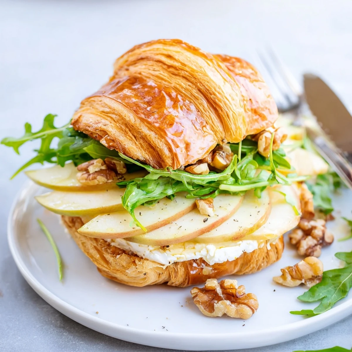 An Apple Goat Cheese Croissant Sandwich sliced open, buttery layers, creamy cheese, crisp apples