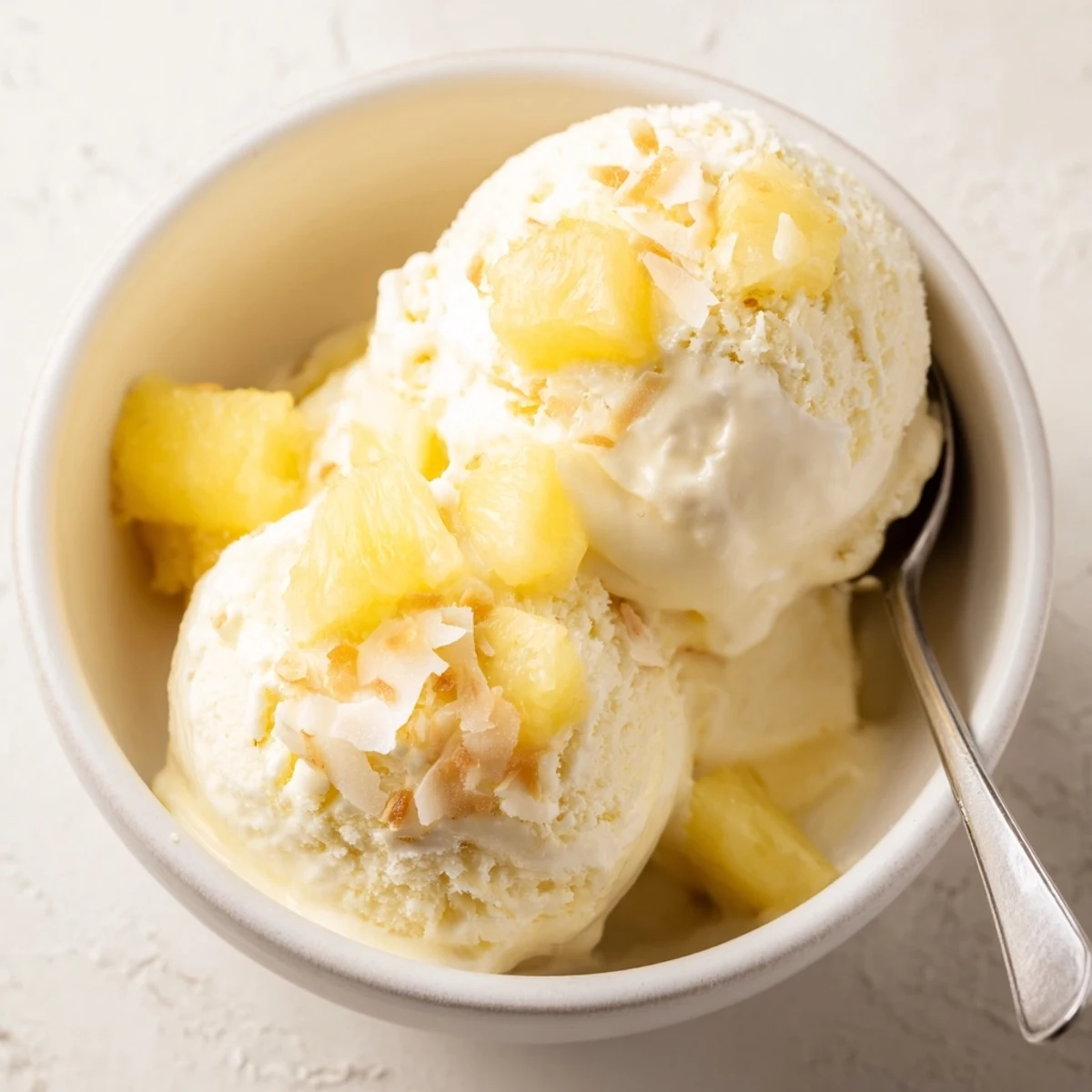 Creamy Pineapple Ice Cream scoops melting slightly on plate, tropical aroma.