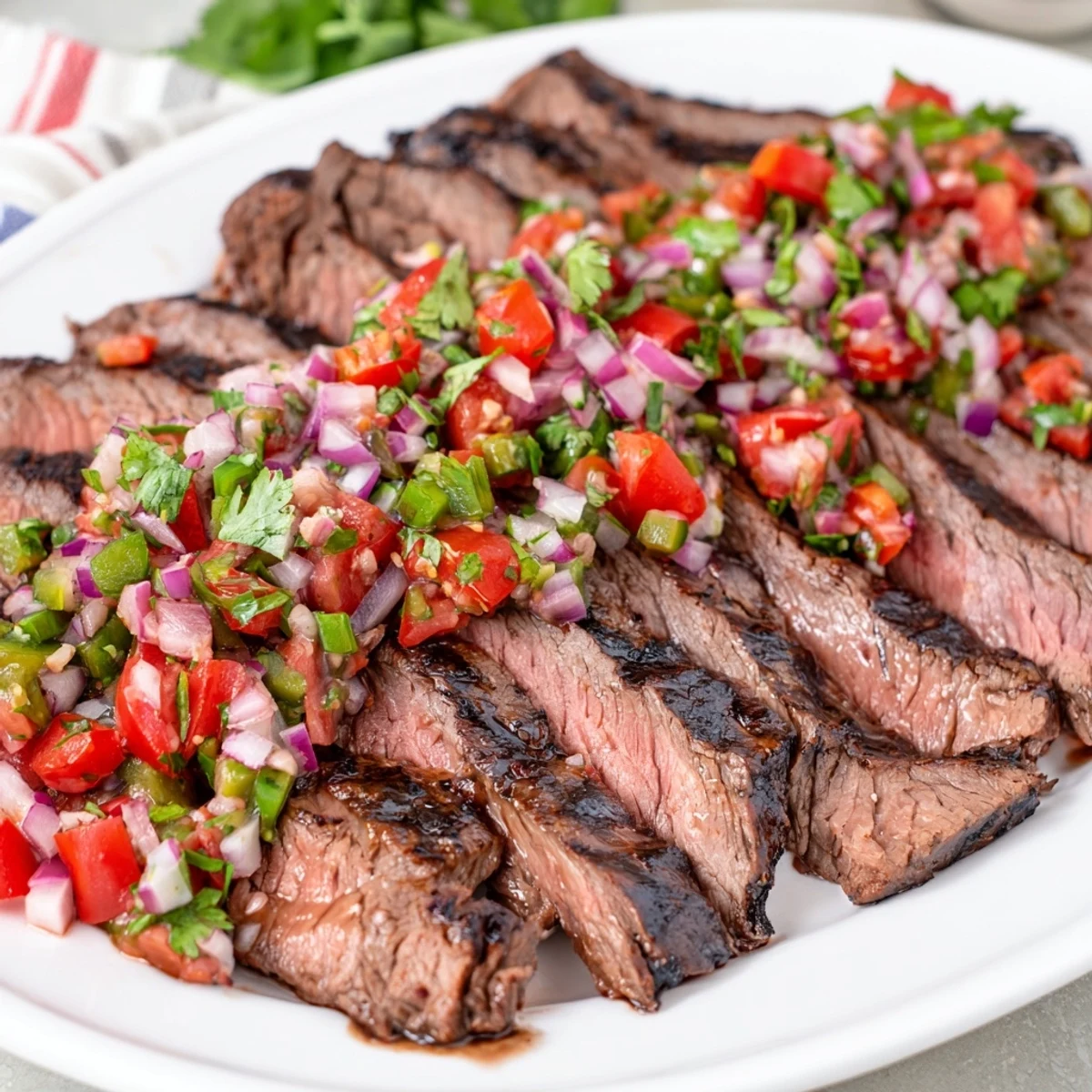 Sliced grilled flank steak arranged on a platter with vibrant green poblano pico de gallo topping