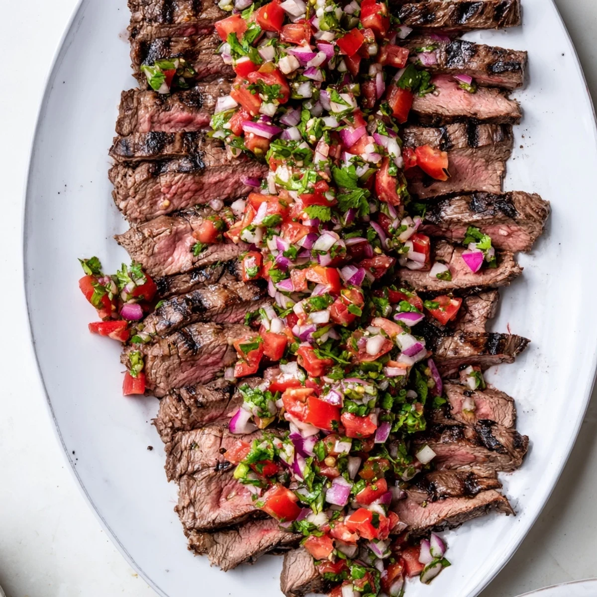 Juicy medium-rare grilled flank steak with spicy poblano pico garnish on a white serving plate