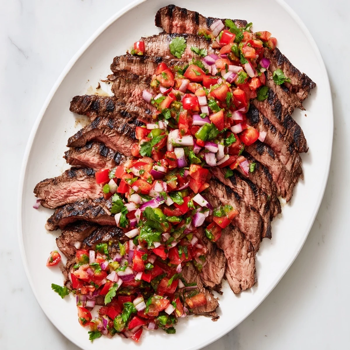 Char-grilled flank steak slices mounded with fresh poblano-chile pico for a colorful Mexican-inspired dinner