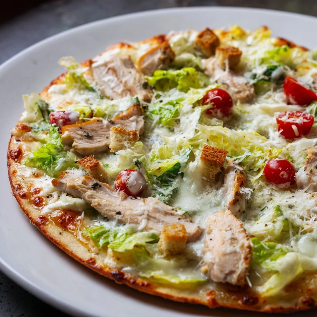 Golden chicken Caesar salad pizza with crispy crust, melted mozzarella, and fresh romaine lettuce topping
