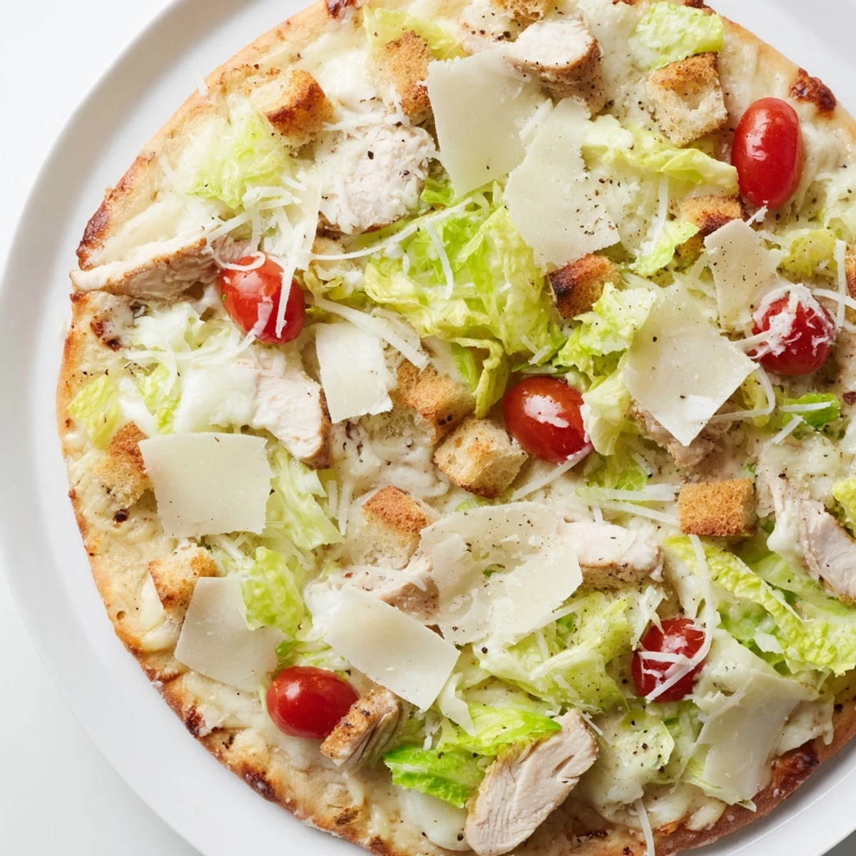 Sliced homemade chicken Caesar salad pizza featuring bubbling cheese, creamy dressing, and crunchy croutons
