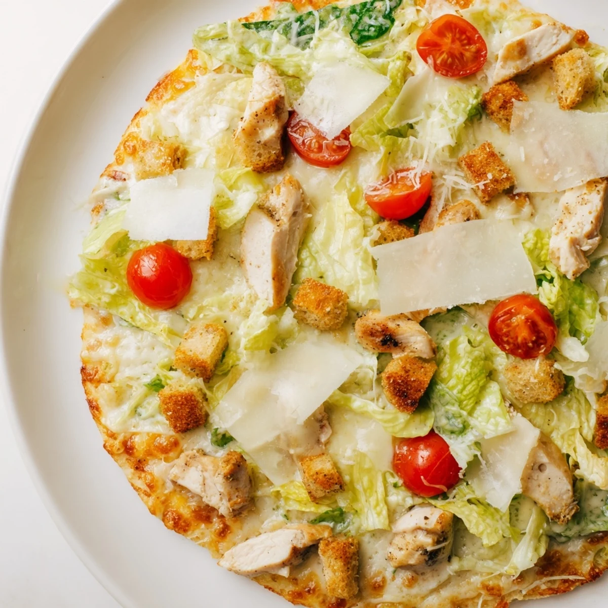 Bubbling chicken Caesar salad pizza topped with juicy chicken breast, shaved Parmesan, and crisp romaine