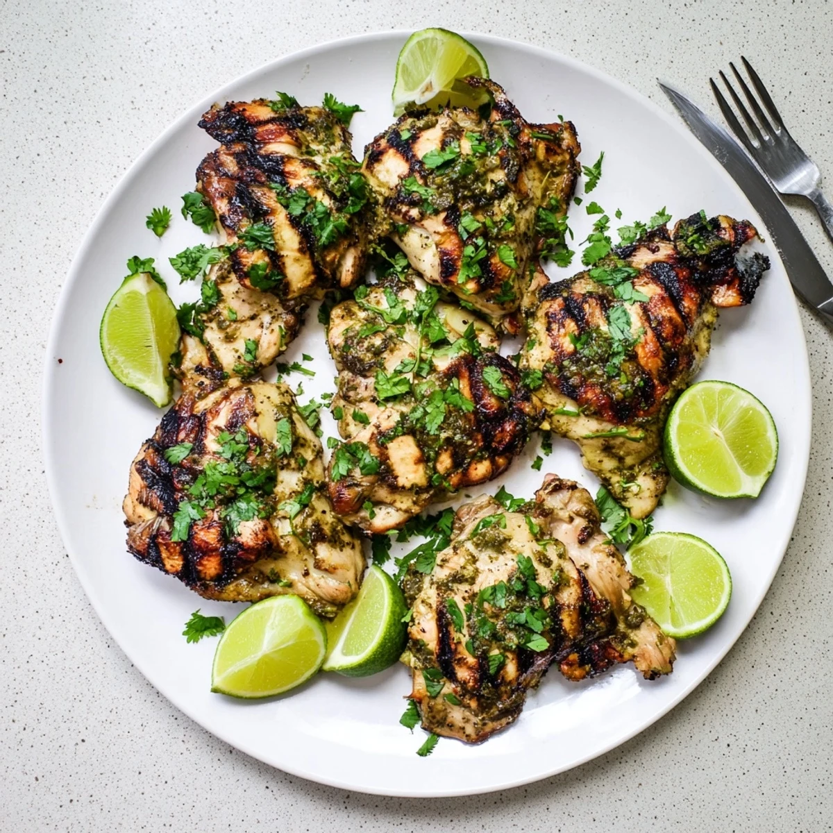 Golden grilled cilantro lime chicken thighs with zesty marinade and fresh herb garnish