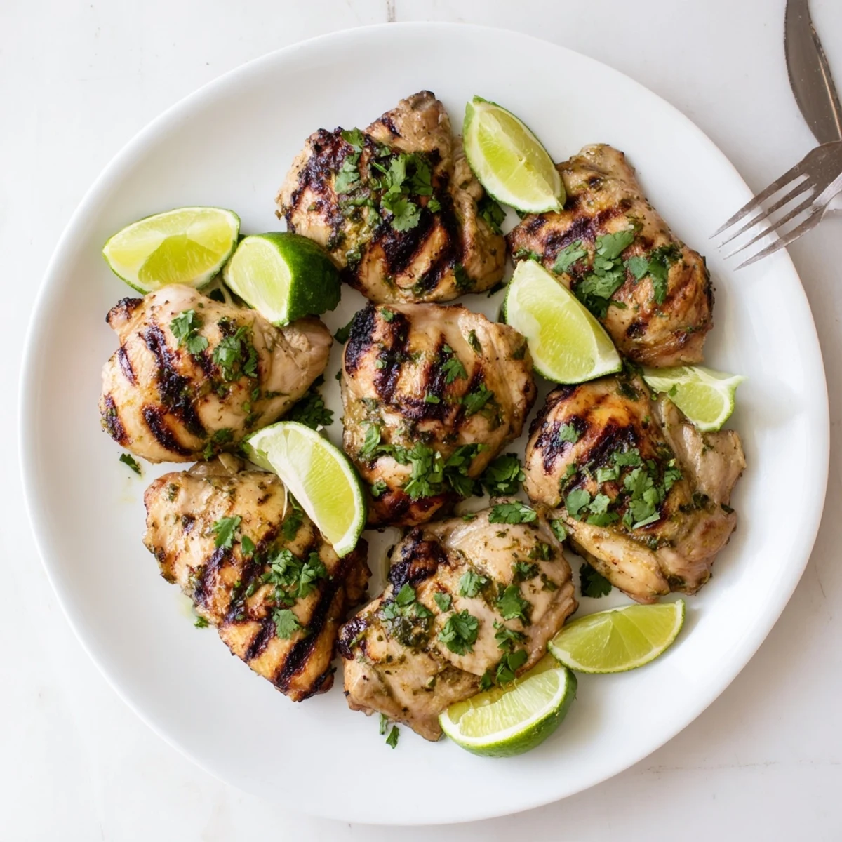 Charred grilled cilantro lime chicken thighs served with fresh lime wedges and herbs