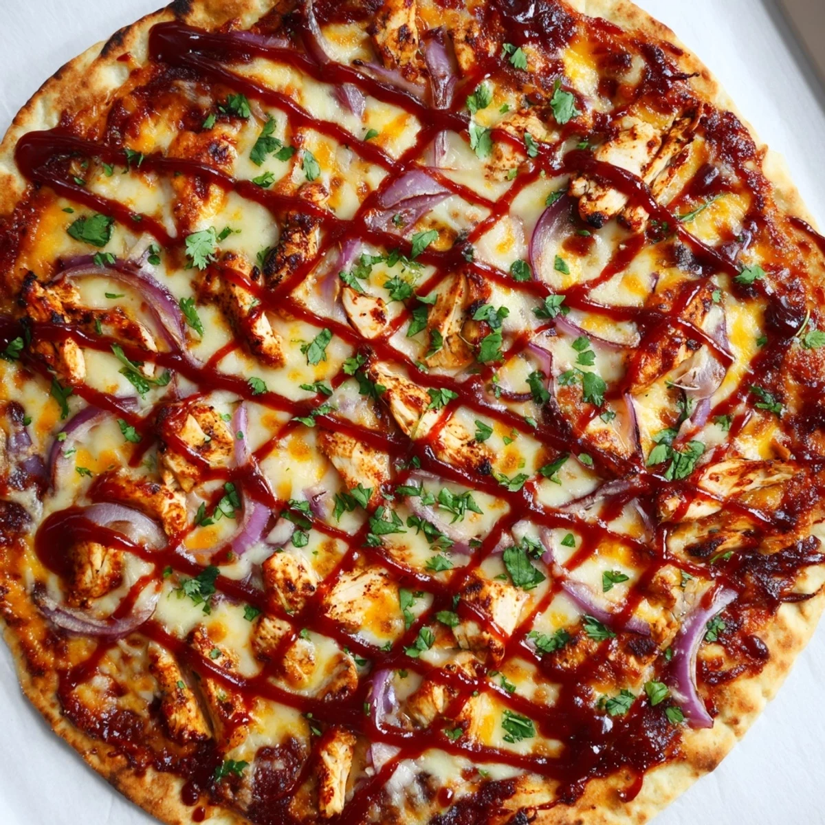 Savory grilled BBQ chicken pizza featuring smoky sliced chicken breast, bubbly cheese blend, and tangy barbecue sauce on grill-marked dough.