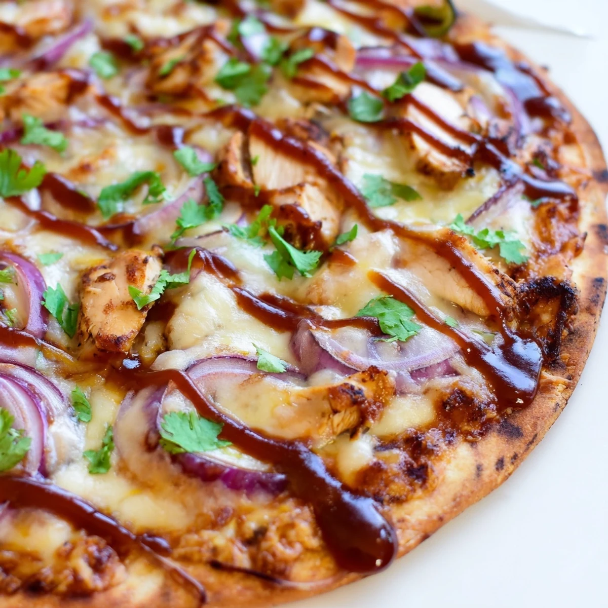 Golden grilled BBQ chicken pizza topped with melted mozzarella, red onions, and fresh cilantro on a crispy charred crust.