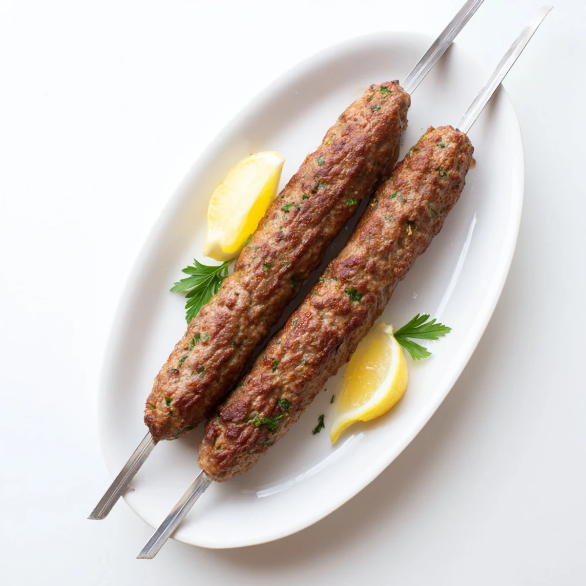 Juicy Middle Eastern Lamb Kofta Kebabs served with lemon wedges and fluffy white rice