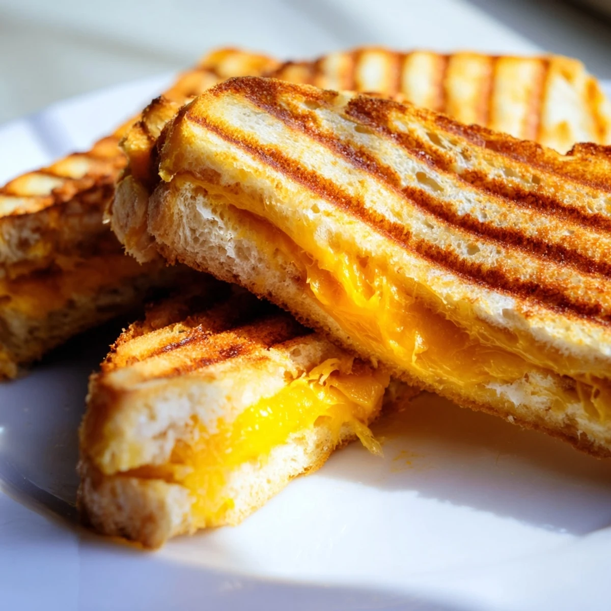 Golden grilled cheese sandwich with melted cheddar oozing between crispy buttered sourdough bread slices