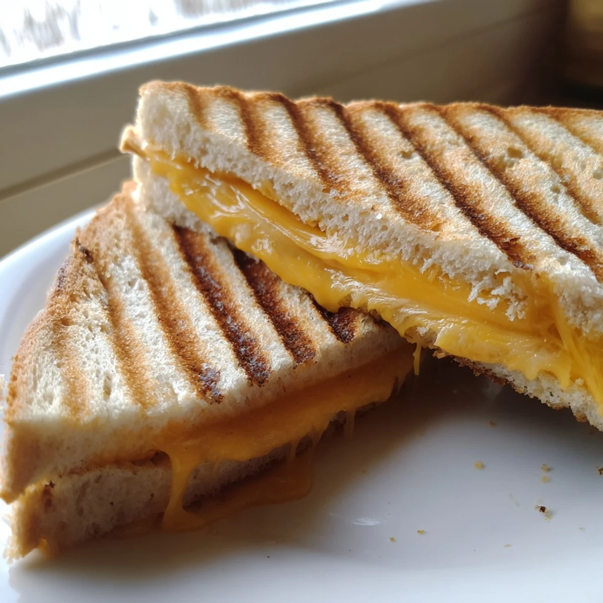 Homemade grilled cheese sandwich cut into triangles displaying stretchy melted cheddar and crispy buttered crust