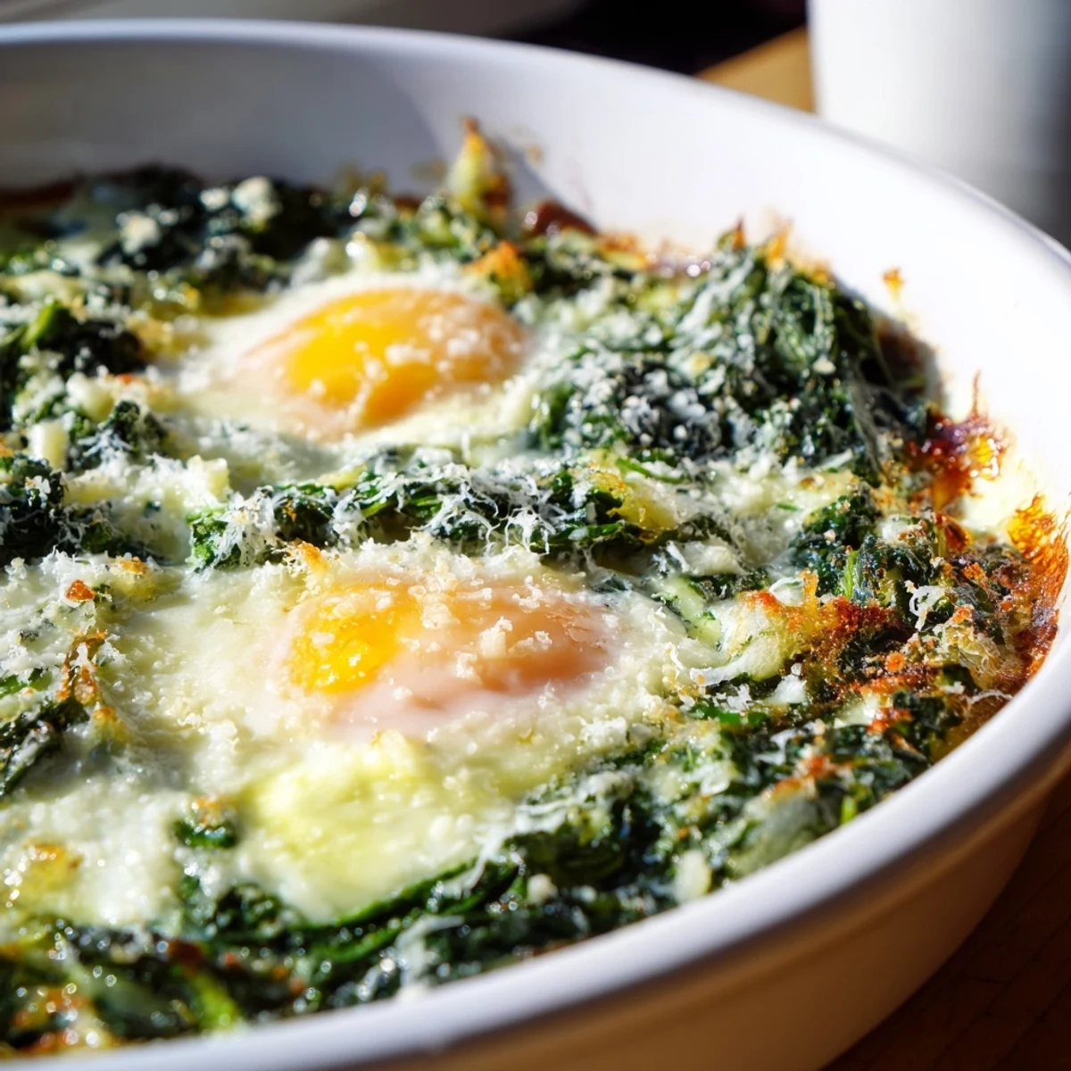 Golden baked eggs spinach parmesan dish with creamy yolks and melted cheese topping