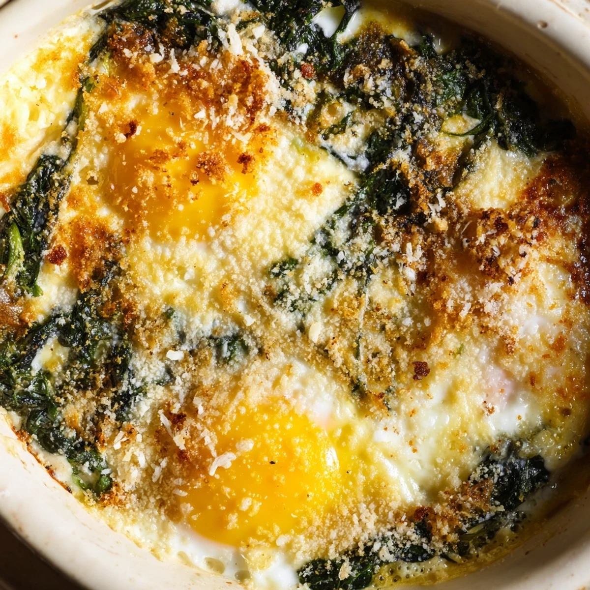 Individual ramekins of baked eggs spinach parmesan featuring wilted greens under golden brown crust