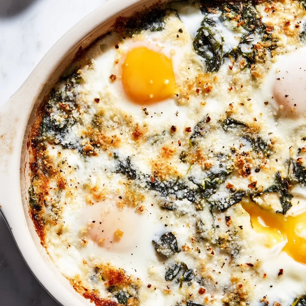 Italian-style baked eggs spinach parmesan breakfast bubbling with cream and freshly grated cheese