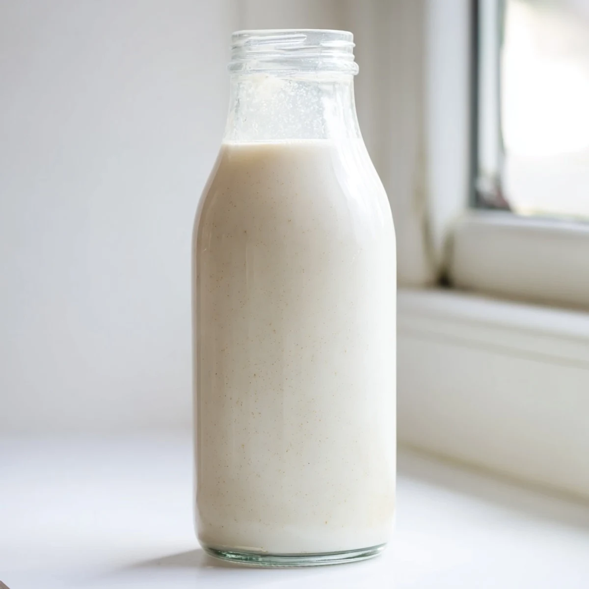 Glass of creamy homemade coconut milk alongside shredded coconut and blender on kitchen counter