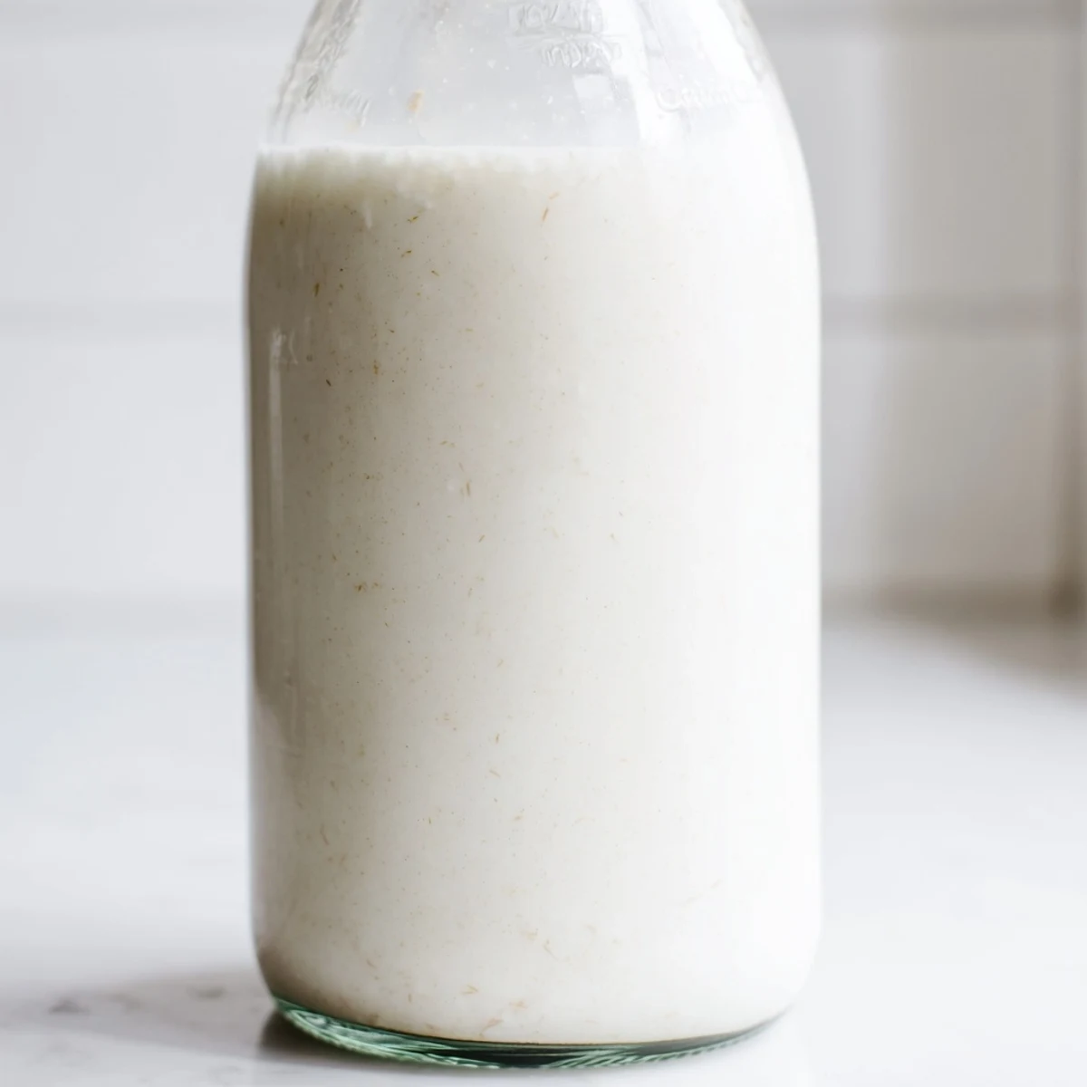 White coconut milk in glass pitcher with coconut flakes scattered on wooden cutting board