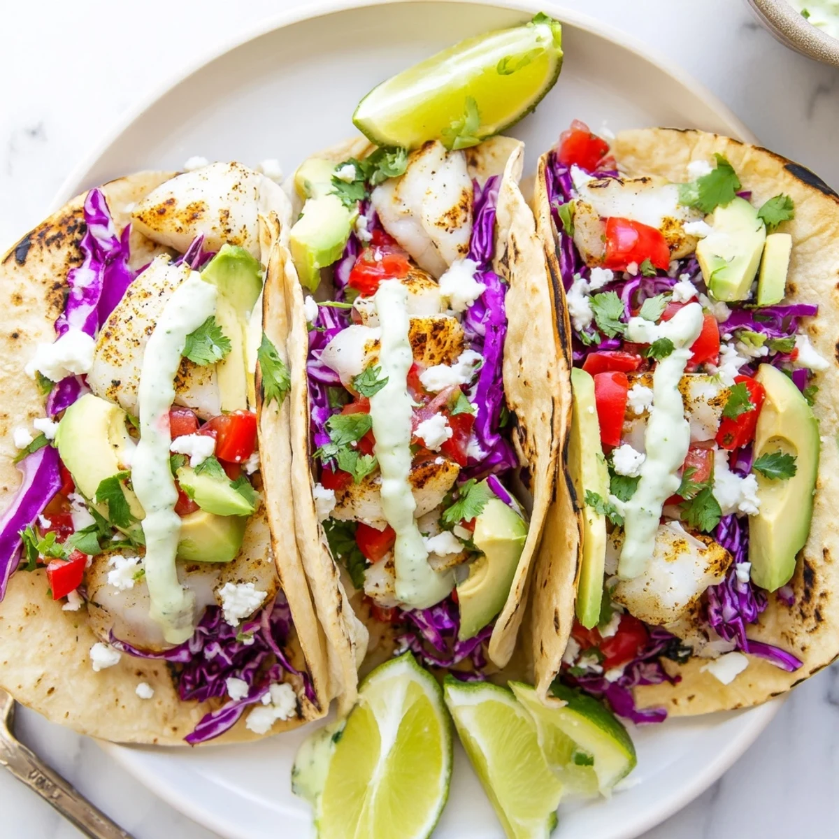 Golden grilled fish cilantro tacos topped with fresh avocado, cabbage, and crumbled cotija cheese on warm corn tortillas