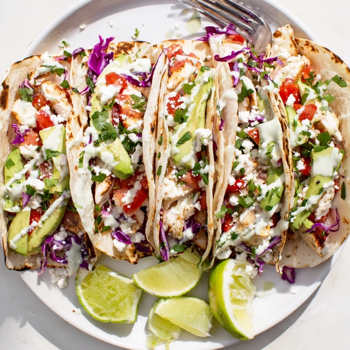 Flaky white fish tacos with vibrant cilantro, red cabbage, tomatoes, and creamy lime sauce ready for serving
