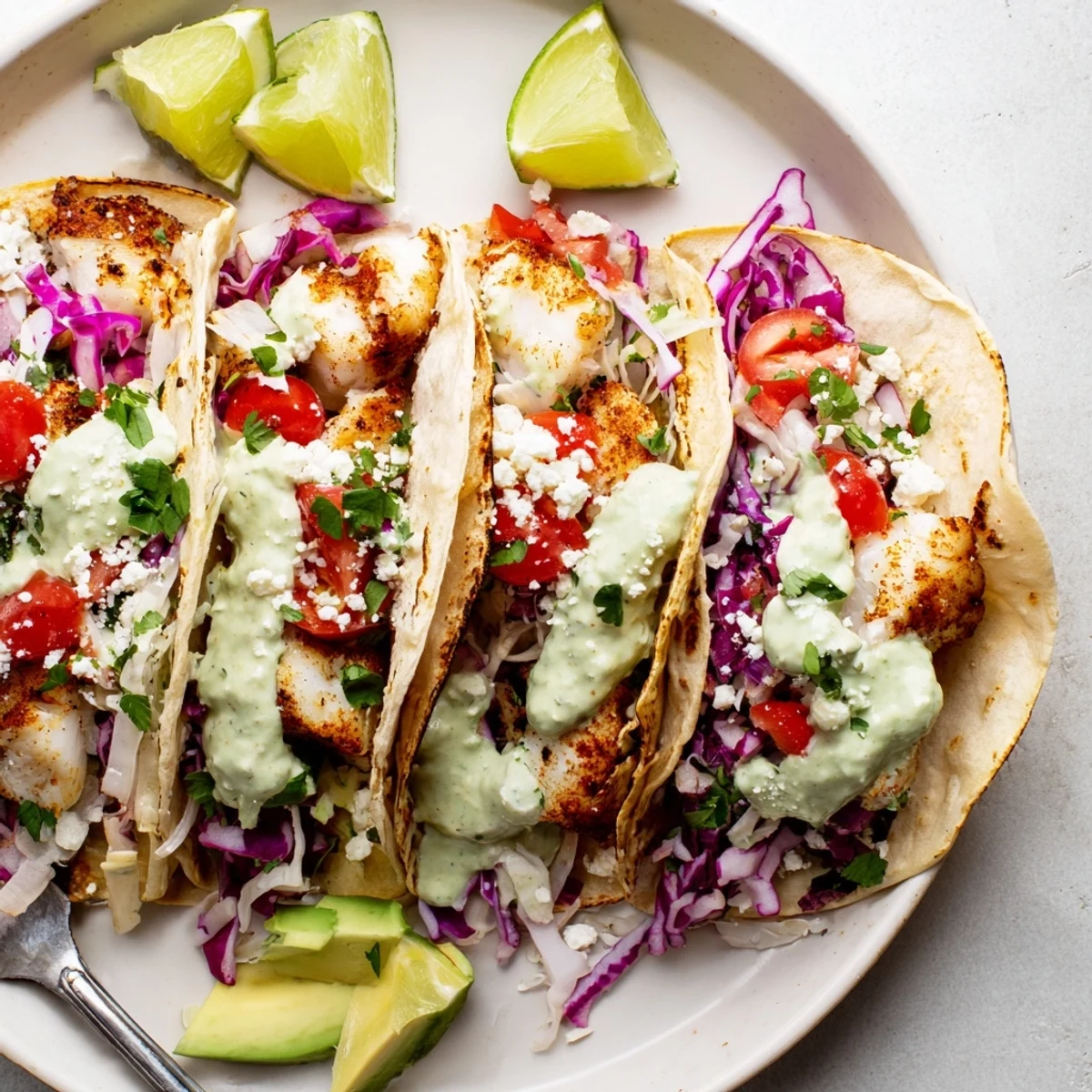 Mexican-style grilled fish tacos garnished with fresh cilantro, sliced avocado, and red cabbage on toasted corn tortillas